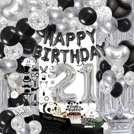 QYIMMIO 21st Silver Birthday Decorations Kit, Happy Birthday Banner Number 21 Balloons Fringe Curtain Hanging Swirls Tablecloth Photo Props, Happy Birthday Crown and Sash for 21st birthday Party