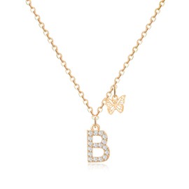 MJartoria Dainty Initial Necklace Butterfly Pendant Necklace, 14K Gold Plated Cubic Zirconia Letter Dainty Necklaces Jewelry Birthday Gifts for Women (Gold, B)