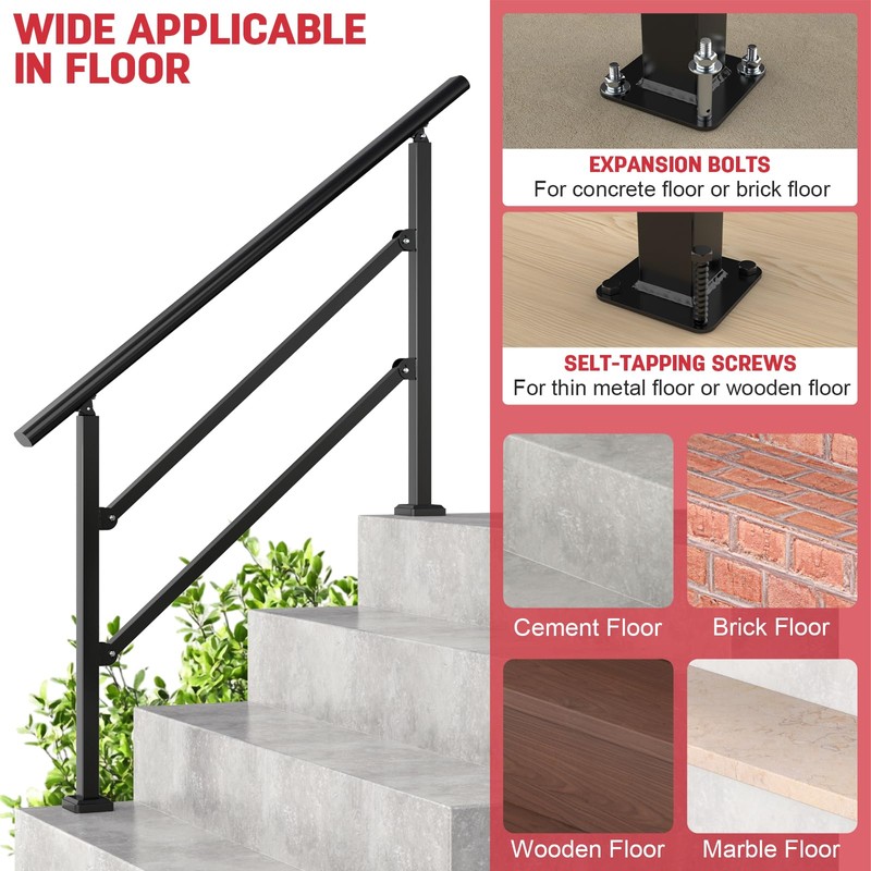 2 Pack Handrails for Outdoor Steps, Wrought Iron Black Stair