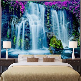FENDROM Waterfall Tapestry Purple Forest Wild Flowers Floral Mountain Jungle Plants Nature Landscape Wall Hanging Bedroom Living Room Hanging Decorative Blanket