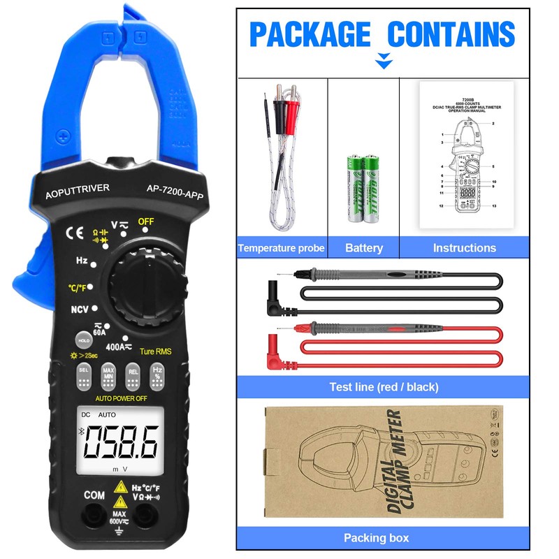 Medidor de abrazadera digital Bluetooth Multímetro ac dc amp Meter