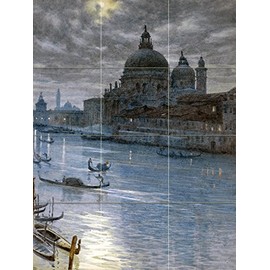 Moonlight Scene Venice by Sir Edward John Poynter sea River Boats Tile Mural Kitchen Bathroom Wall Backsplash Behind Stove Range Sink Splashback 3x4 4.25" Ceramic, Glossy