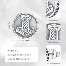 Eusense Viking Stud Earrings Thor's Hammer Earrings 925 Sterling Silver Viking Mjölnir Earrings Viking Thor's Earrings Jewelry for Men Boys Women Unisex