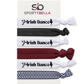 SportyBella Irish Dance Hair Tie Set – 6pc No-Crease Elastic Hair Bands for Girls – Includes Irish Dance Logo, Maroon, Black & Chevron Ties – Ideal Gift for Dancers, Recitals & Team Spirit