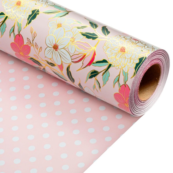 MAYPLUSS Pink Flower Wrapping Paper Roll, Gold Edge Design Floral