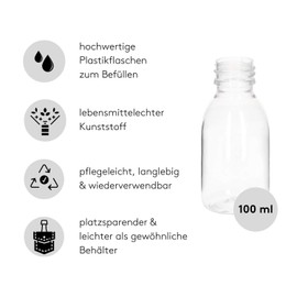 VENTON Set of 3 Empty Plastic Bottles for Filling 100 ml I Transparent Plastic Bottles with Push-Pull Lid I Travel Container I Refill Bottles I Small Empty Bottles 100 ml
