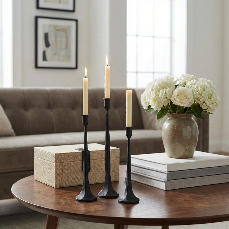 Denique Iron Taper Candle Holder Set of 3, Black Candlestick