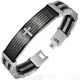 My Daily Styles Stainless Steel Religious Lords Spanish Prayer Cross Two-Tone Black Silver Mens Bracelet