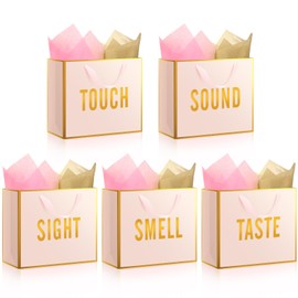 Kolldenn 5 Senses Gift Bags for Him Her Five Senses Gift Bag with Ribbon Handles and Tissue Paper Present Wrappings for Valentine Wedding Birthday Mothers Day(Pink,11.8 x 10 x 4 Inch)