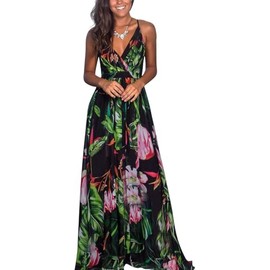 Vangreynve Women's Floral Dress Sleeveless V-Neck Summer Dresses Boho Swing Beach Dress Long, Green