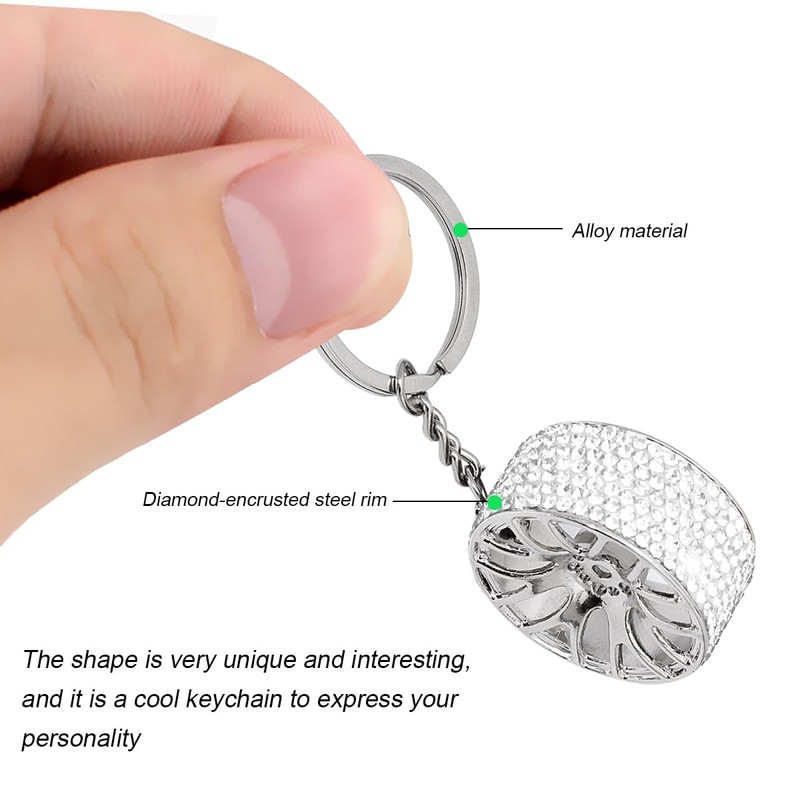 KHGUZ Bling Car Tire Wheel Keychain, Rhinestone Auto Wheel Keyring,