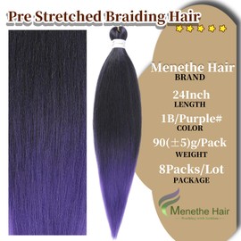 Pre Stretched Braiding Hair Ombre Black To Purple Braiding Hair, 24 Inch 6 Packs Professional Hair Extensions Hot Water Setting Synthetic Fiber Crochet Twist Braids(24Inch,1B/Purple#)