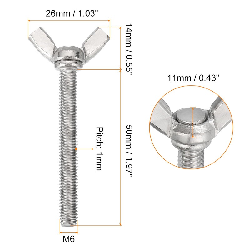 Sourcing Map 20pcs M6-1x50mm Wing Butterfly Screws, 304 Stainless Steel