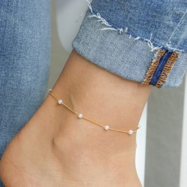 Foyjoey Dainty Ankle Bracelets for Women 18K Gold Plated Pearl Beaded Chain Anklets Simple Everyday Layering Stacking Anklet Bracelet Minimalist Summer Beach Foot Jewelry