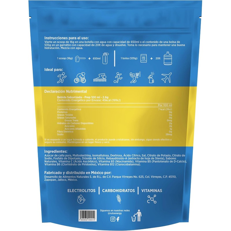RUTS Energy ELECTROLITOS EN POLVO + VITAMINAS SABOR LIMA-LIMÓN RINDE