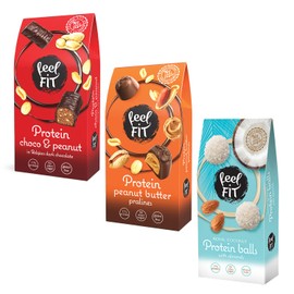 Feel FIT PROTEIN PRALINEN OHNE ZUCKERZUSATZ Mixbox: 2 x Kokosnuss mit ganzen Mandeln, 3 x Milchschokolade mit Erdnussbutter, 2 x Zartbitter-Haselnuss-Pralinen