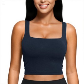 Fisoew Yoga Butterluxe Womens Square Neck Longline Sports Bra - Workout Crop Tank Tops Padded Yoga Camisole with Built in Pads,Navy Blue,S