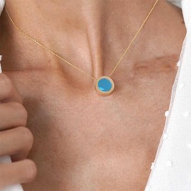 Inilbran Boho Created Gemstone Necklace Round Gemstone Pendant Necklace Created Opal Gem Choker Necklace Minimalist Apatite Necklace Chain for Women(Blue)