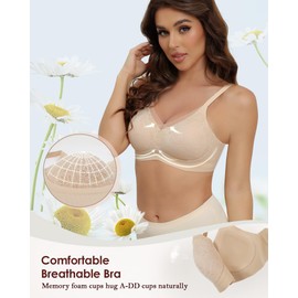 As Fairy Seamless Bralettes with Floral Lace Wire Free Comfort Bra for Women Padded V Neck Sheer Mesh T-Shirt Bra Buttery-Soft Lift Support Beige 42D