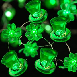 KAiSnova St Patricks Day String Lights 10FT 30 LEDs Leprechaun Hat and Shamrock String Lights Battery Powered with Remote Green Irish Decor Clover Fairy LED Decorative Lights for Bedroom Indoor Party