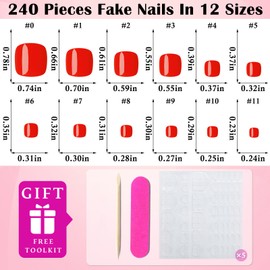 LoveOurHome 240pc Red Press on Toenails Women Fake Toe Nails with Glue Tabs, Orange Red Fake Toenails Press on Toes Nail Glue on Toenail Acrylic Toe Nail Tips Gel Artificial False Stick Toenail Tip