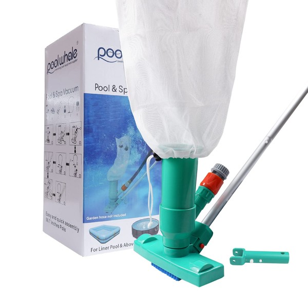 POOLWHALE Upgrades Pool Spa Pond Mini Jet Vac Vacuum Cleaner w/Brush, Bag,6 Sections Telescopic Pole of 56.5" and Handle