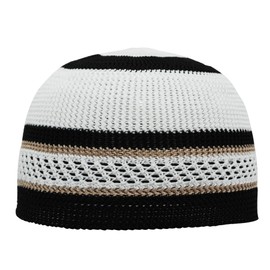 TheKufi® Soft White and Black with Brown Lines Nylon Stretchy Textured Kufi Hat Skull Cap Dotted Lines (L -23" (58.5 cm))