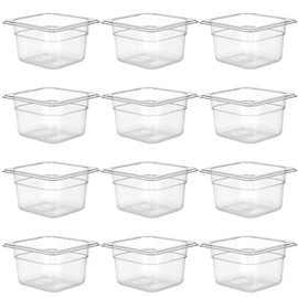 Lnrueg 12 PCS Plastic Clear Food Pans with Non-slip Bottom, 1/6 Size 4 Inch Deep Stackable Acrylic Deep Food Storage Pan for Fruits, Vegetables, Desserts,6.9''x6.3''x4''
