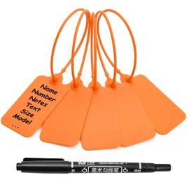 50 Orange Blank Plastic Tags for Labeling Waterproof Hanging Labels Writable Tags Seal Plastic Marking Label for Clothes Bags Keys Inventory with One Marker Pen