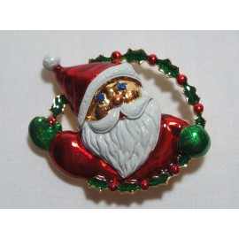 Unknown Santa Claus in Wreath Brooch with Rhinestones & Enamel New Christmas