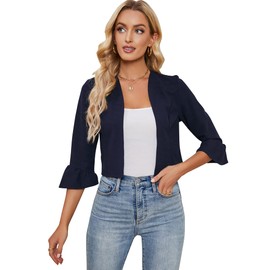 KOJOOIN Women's Bolero Jacket 3/4 Sleeve Ruffle Open Front Cardigan Elegant Festive Shrug Cardigan Casual Top (Reusable Packaging), darkblue