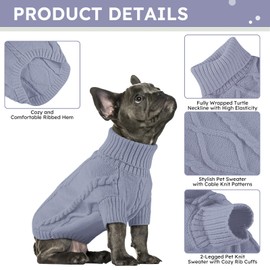 Queenmore Suéter para perro pequeño, ropa de punto de cable para clima frío, cuello alto clásico, ropa cálida para Chihuahua, Bulldog, Dachshund, Pug, Yorkie (gris, mediano)