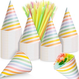 Boao 100 Pieces Snow Cone Cups 4.5 OZ Leakproof Matching 100 Pieces Spoon Straws for Snow Cone Syrups Slush Shaved Ice Cream Sorbet Water(Multicolor,Macaron Stripe)