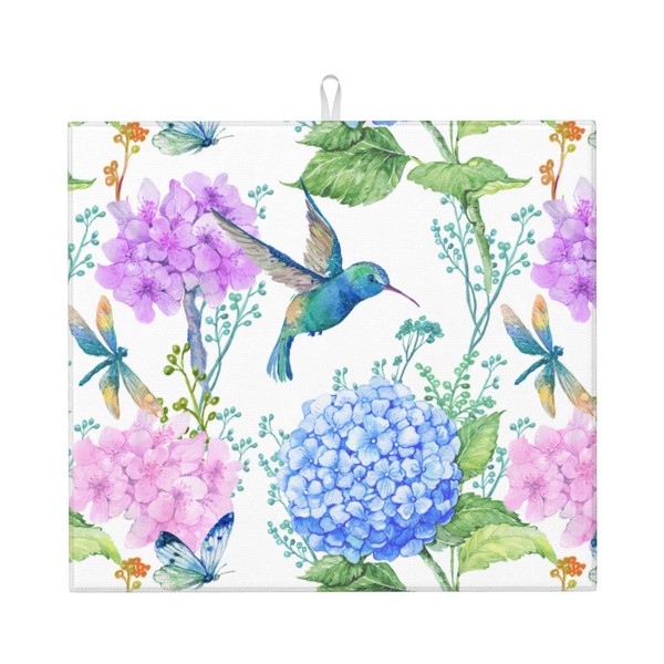 Dish Drying Mat Spring Hummingbird Flower Hydrangea for Kitchen Counter