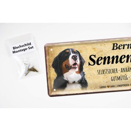 Tin Sign Bernese Mountain Dog – Decorative Metal Sign Dog Breed Wesensart Character Genus – Dog Accessories Item – Gift Dog Owners Breeders Lovers – Wall Decoration Dog Kennel – 28 x 12 cm