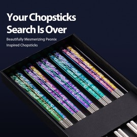Hagary Phoenix Chopsticks Metal Reusable Designed in Korea Japanese Style Stainless Steel 316 18/10 Non-Slip Dishwasher Safe Laser Etched (Rainbow - 5 Pairs)