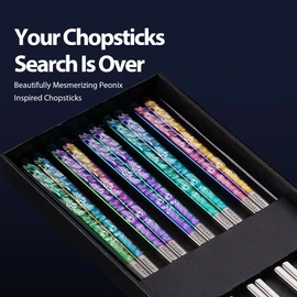 Hagary Phoenix Chopsticks Metal Reusable Designed in Korea Japanese Style Stainless Steel 316 18/10 Non-Slip Dishwasher Safe Laser Etched (Rainbow - 5 Pairs)
