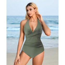 MAIABLEAU One Piece Swimsuits for Women Halter Twist Push Up Bathing Suits Ruched Tummy Control Swimwear Green L