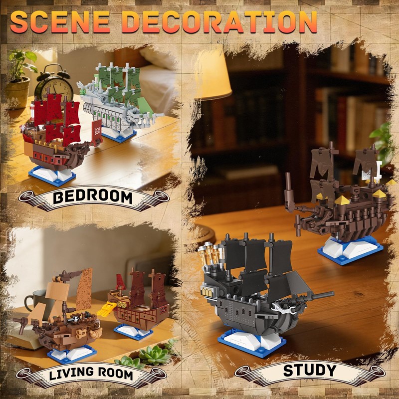 YCJZXMS 6-in-1 Pirate Ship Building Blocks Set, Mini Brick Pirate