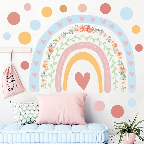 Tanlaby Large Rainbow Wall Stickers Boho Dots Wall Decal Colorful Rainbow Flowers Wall Decor DIY Vinyl Mural Art for Girls Baby Nursery Bedroom Playroom Home Decoration