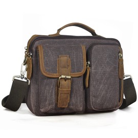 Le'aokuu Canvas and Genuine Leather Messenger Bag for Men Waterproof Crossbody Bag Shoulder Bag Tote Bag 036, 0 dark brown, shoulder bag