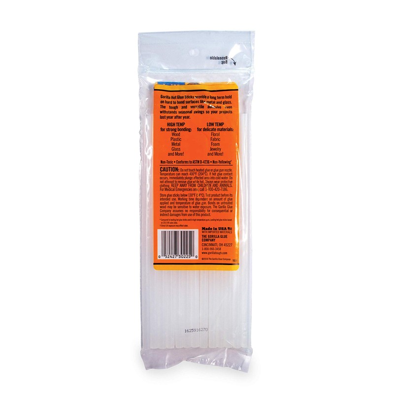 Gorilla Hot Glue Sticks, Mini Size, 8" Long x .27"