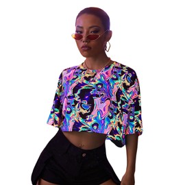 Floerns Women's Casual Reflective Short Sleeve Round Neck Crop Tops T Shirts Multi XS