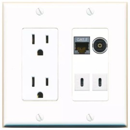 Wall Plate City CAT7 TOSLINK 2 USBC Port Wall Plate w/Power Outlet White