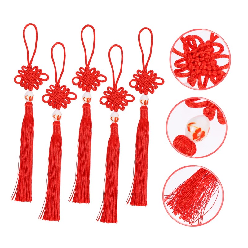 Ciieeo 5pcs Red Chinese Knot Tassel Pendant Car Hanging Decoration