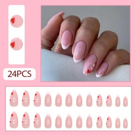 Valentines Press On Nails Almond Medium - Heart Press On Nails, Valentines Fake Nails with White French Tip&Heart Design, Artificial Valentines Nails Stick On Nails for Women-24Pcs