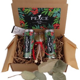 Peace, Love, and Joy Christmas Tea Gift Box | 1 Tin of Peppermint Green Tea, 1 Tin of Decaf Chai Tea, and 2 Honey Stirrers | Premium Pyramid Tea Bags | Holiday Gift Set for Tea Lovers