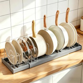 Pot Lid Holder, Expandable Lid Holder with 7 Adjustable Dividers, Adjustable Pan Organiser, Pan Organiser, Lid Holder for Kitchen Organiser, Grey