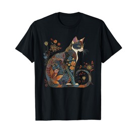 Cat Colorful Floral Patterns Vintage Flowers Art Cat Lover T-Shirt