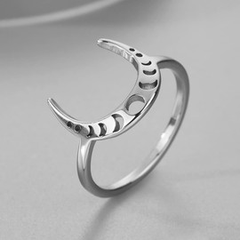 LUTAKU Moon Phase Ring for Women Girls Crescent Moon Stack Rings Stainless Steel Celestial Jewelry BFF Friend Gift Dainty Moon Ring (Silver)